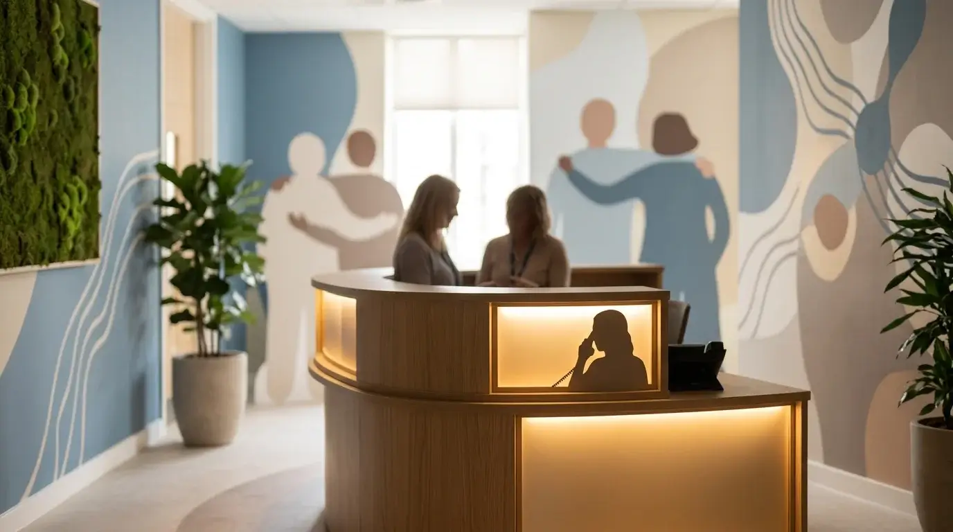 Responsible gambling support concept with a calm UK help desk scene