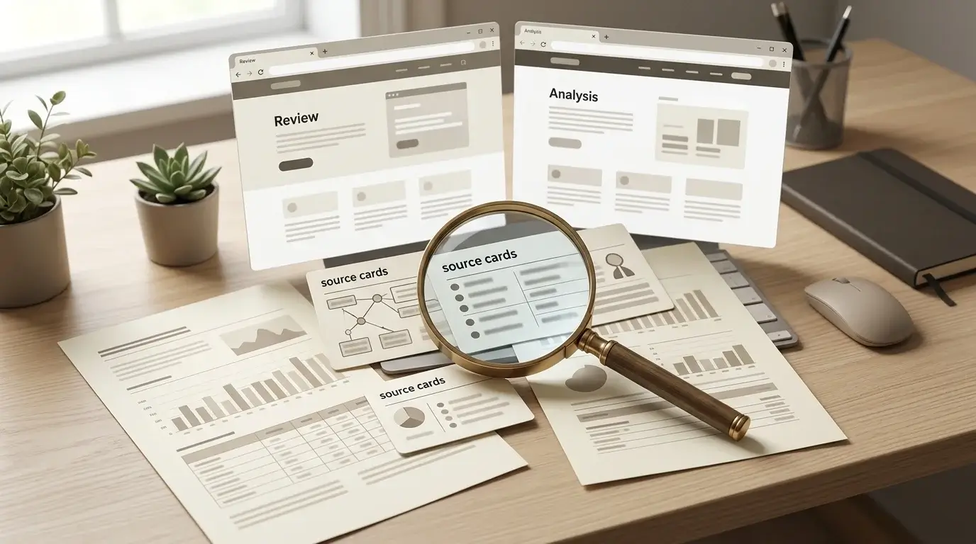 Trust and source checking desk with documents and search cards