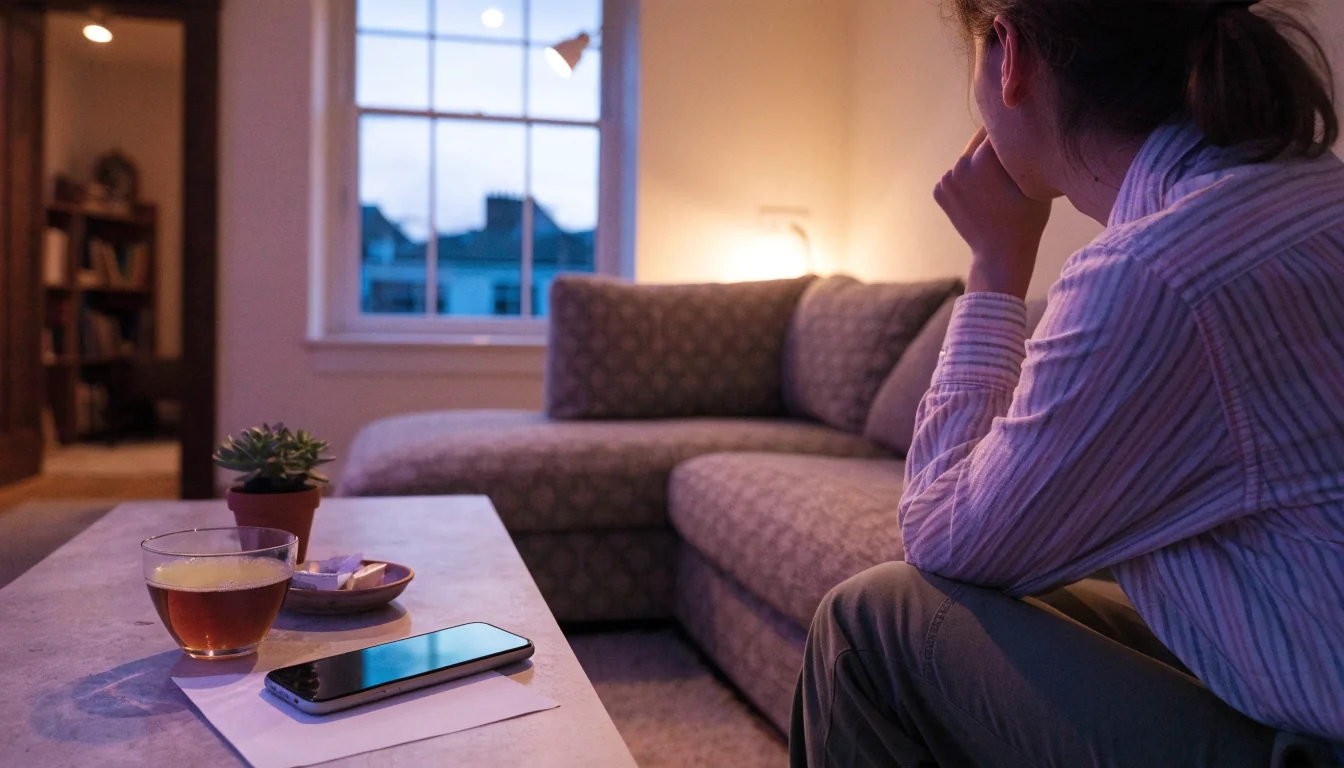 Smartphone on a British living room coffee table at dusk, suggesting online gaming leisure.
