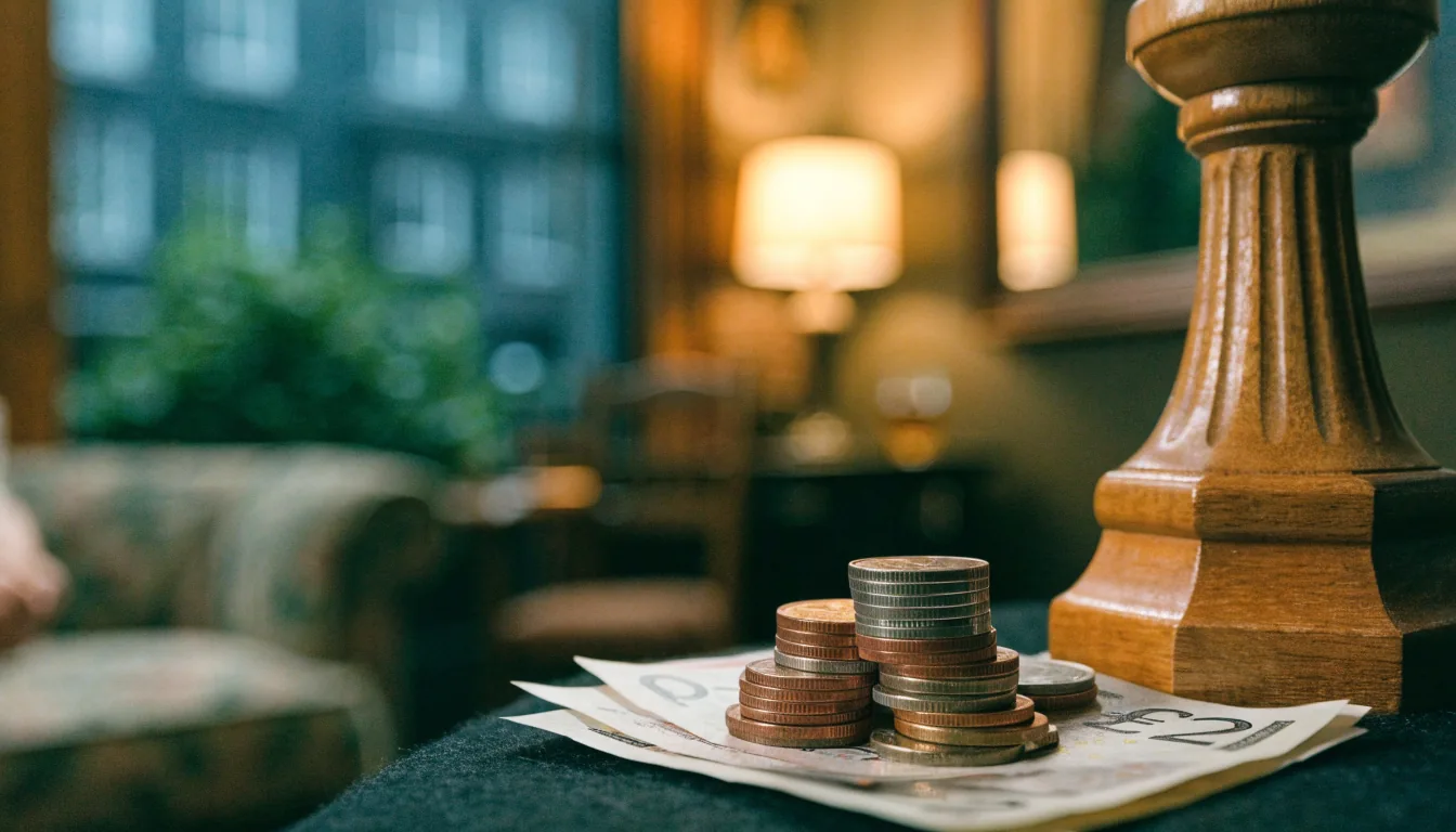 British pound coins and notes on a felt surface in a cozy UK living room