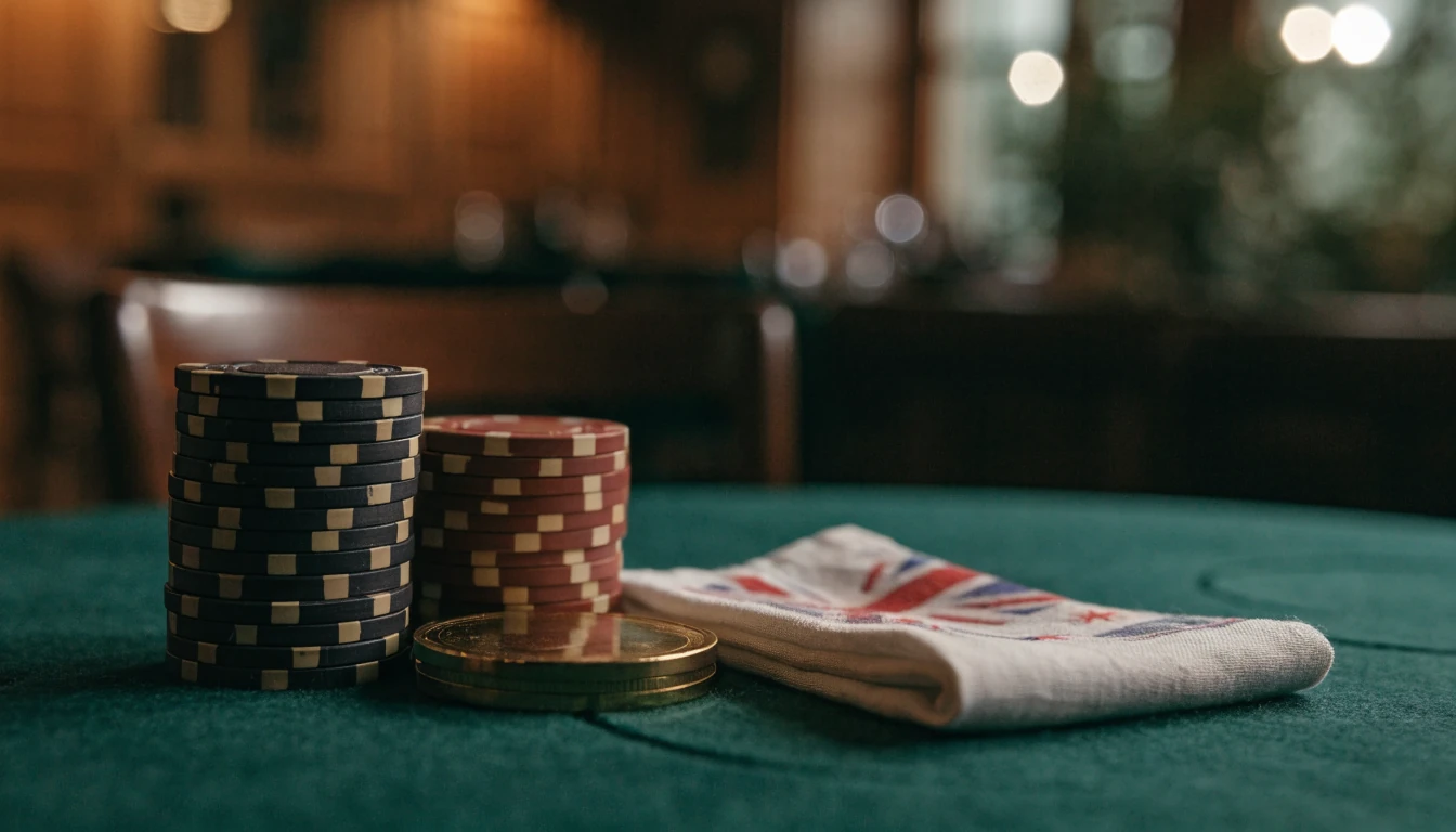 Stacked casino chips and a golden coin on green felt, British casino atmosphere