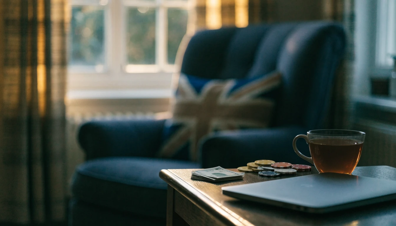 British home corner with pound notes, chips and closed laptop hinting at low-deposit online casino play.