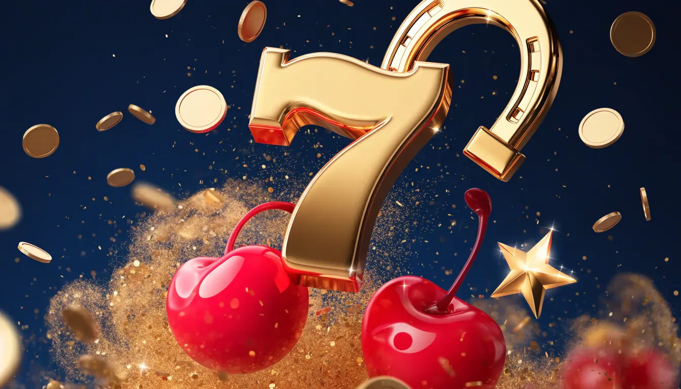 Golden slot symbols and coins bursting from sparkles on a deep blue background