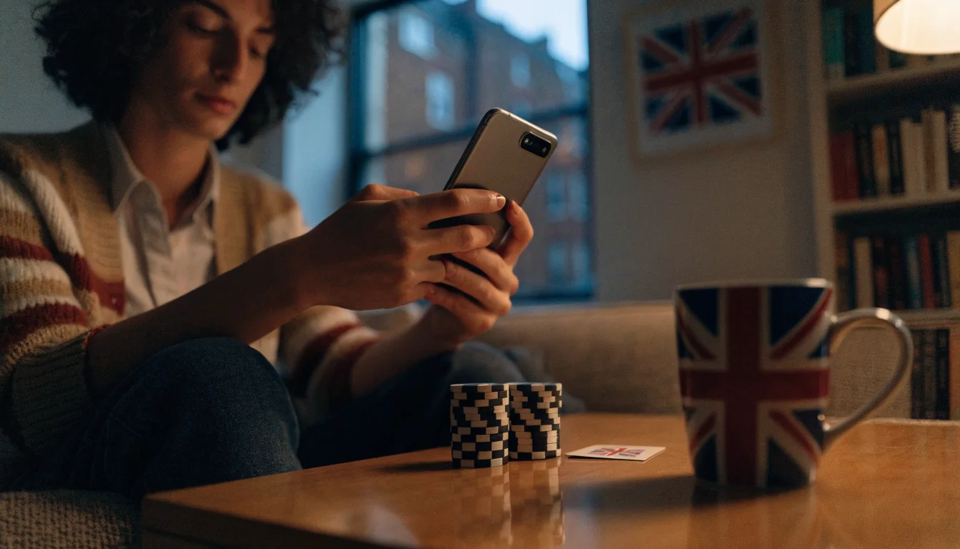 Person in UK apartment holding Android phone with poker chips and Union Jack mug on table