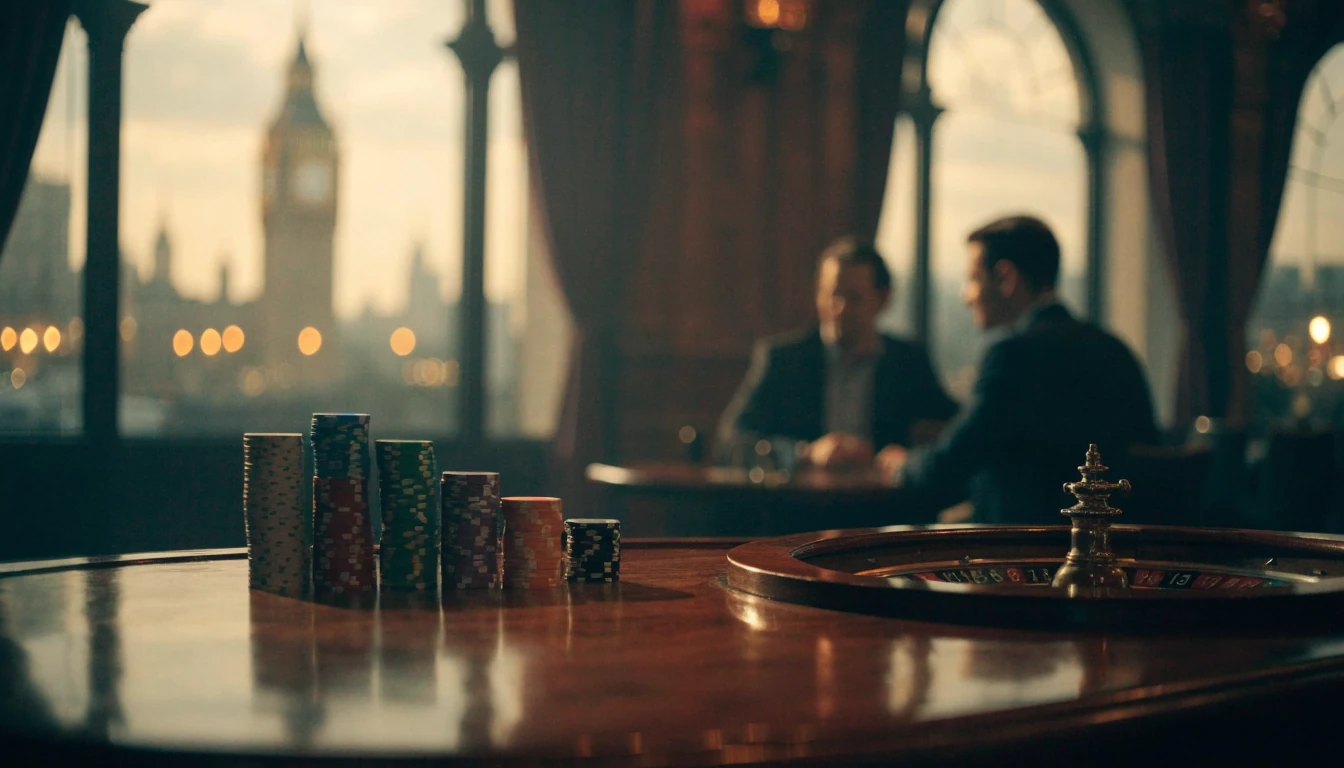 Elegant casino scene with roulette wheel, poker chips, and London skyline silhouette