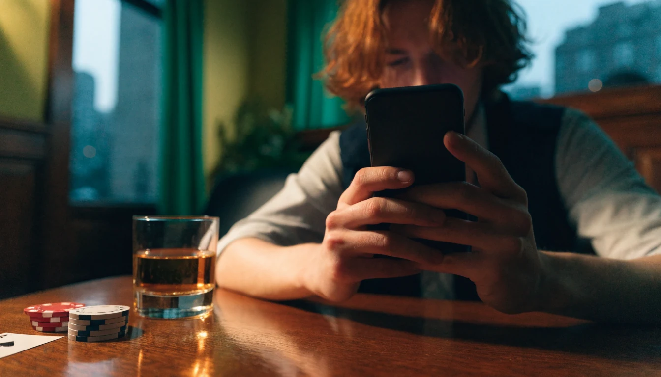 Person holding a smartphone at a London lounge with casino chips and whisky glass