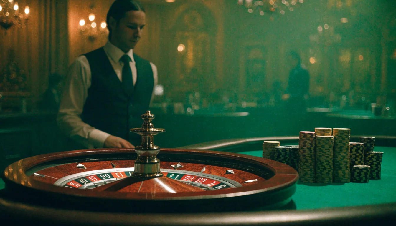Elegant live casino studio with roulette wheel and chips