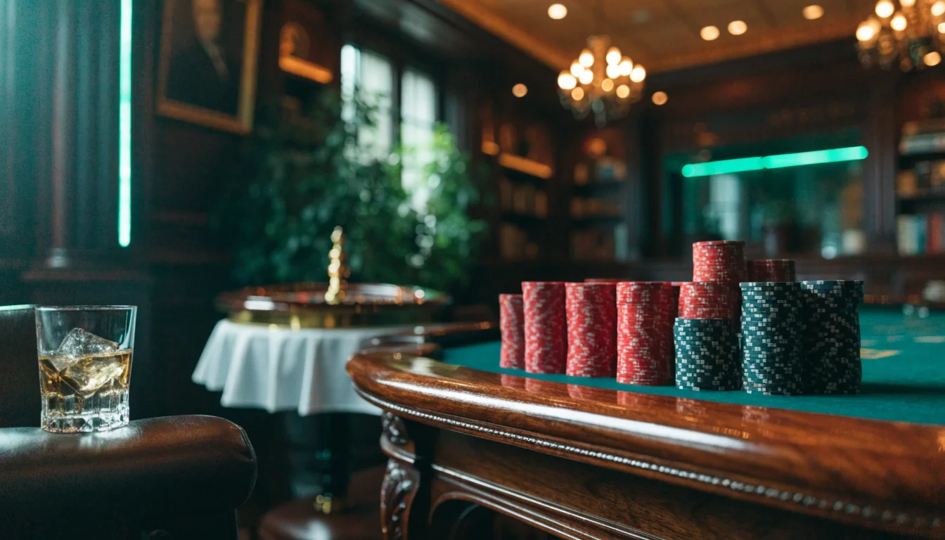 Luxurious London high-roller casino room with chips and roulette wheel