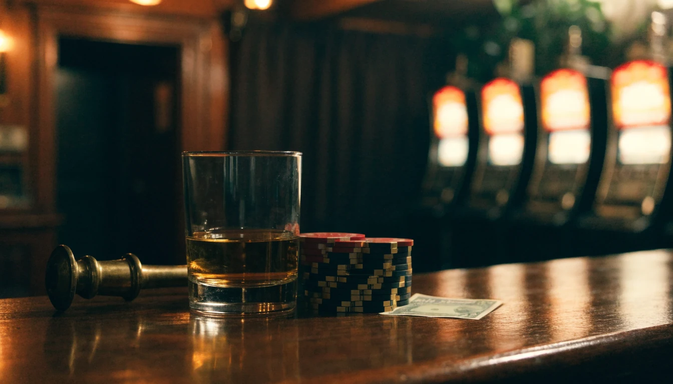 British pub bar with stacked casino chips, whisky glass, and pound note at night