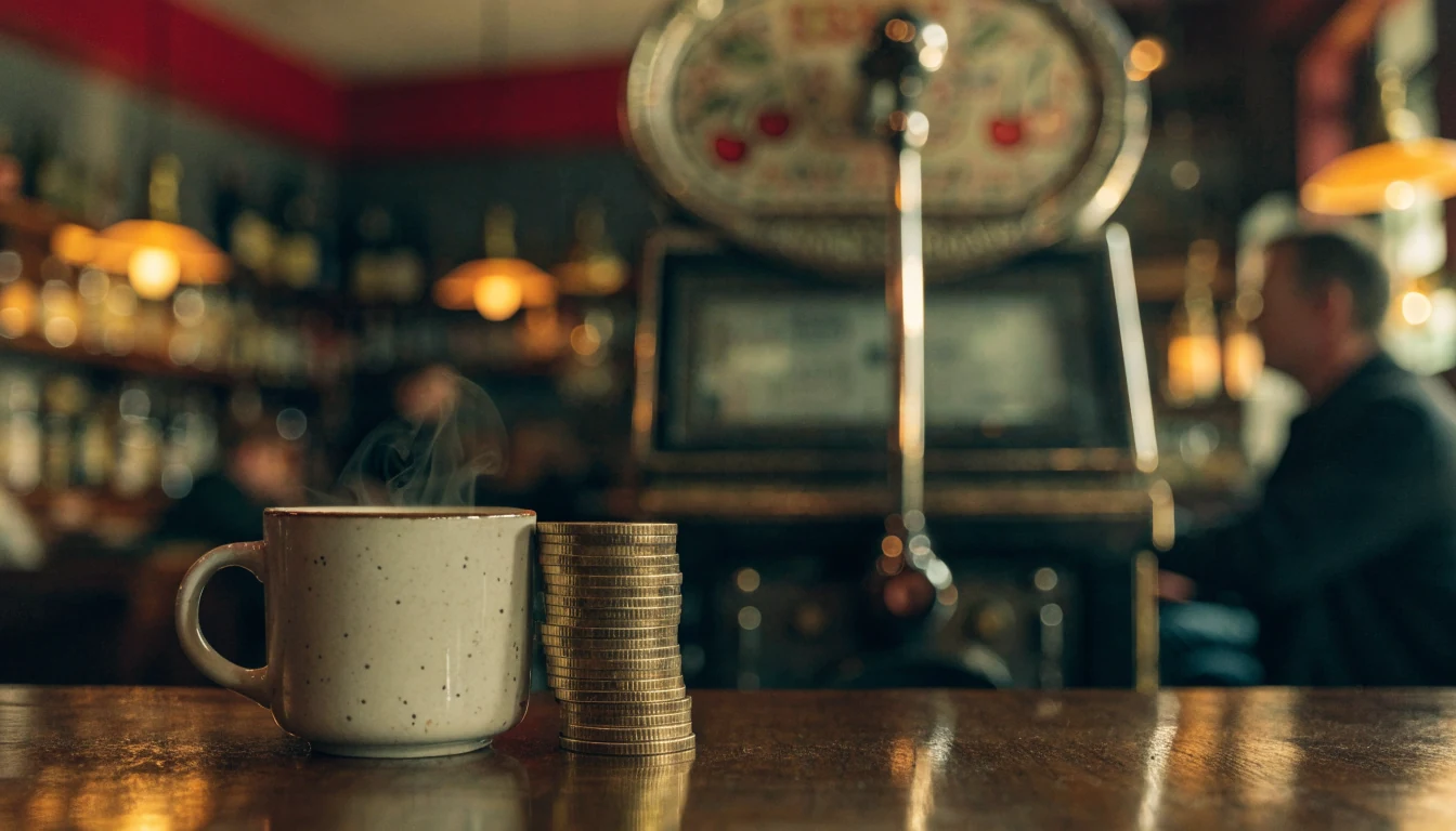 British pub scene with coins, tea, and a classic fruit machine in the background