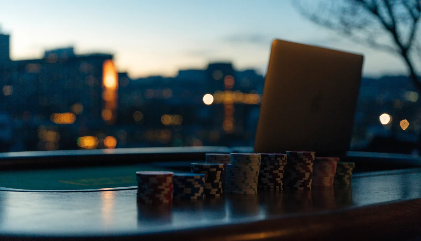 London skyline at twilight with blurred casino chips and a closed laptop on a table.