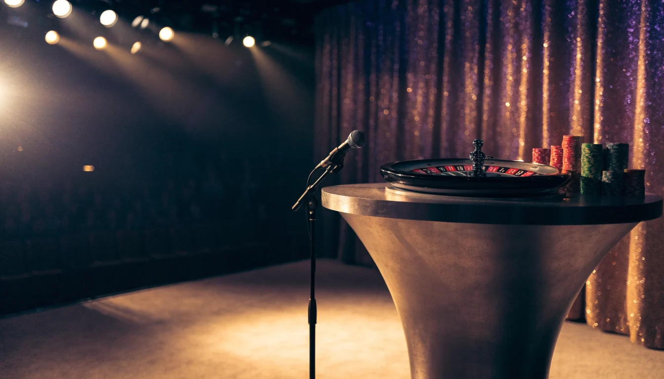 British game show studio stage with roulette wheel and casino chips under spotlights