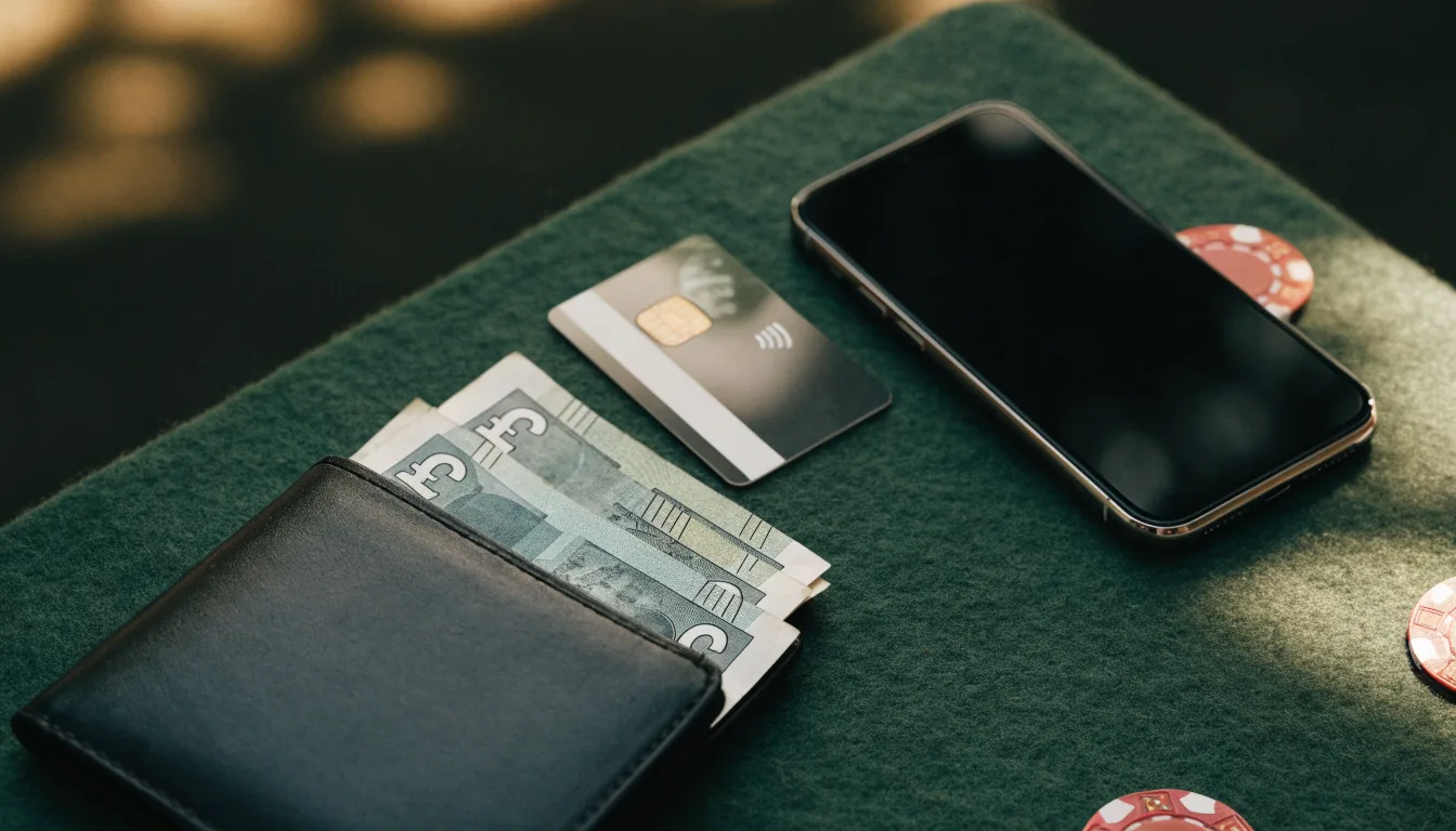 British pounds, contactless card, smartphone and casino chips on green felt