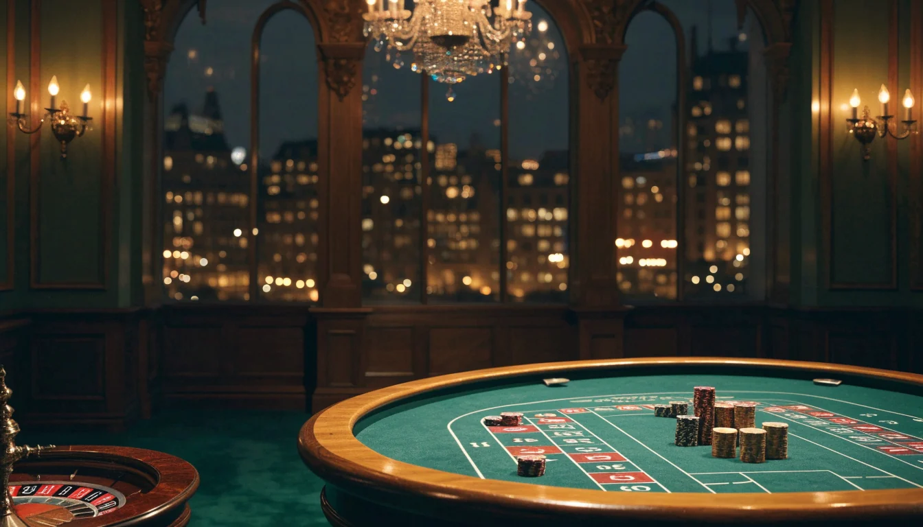 Elegant British casino lounge with roulette wheel, chip stacks, and London skyline through arched windows at night
