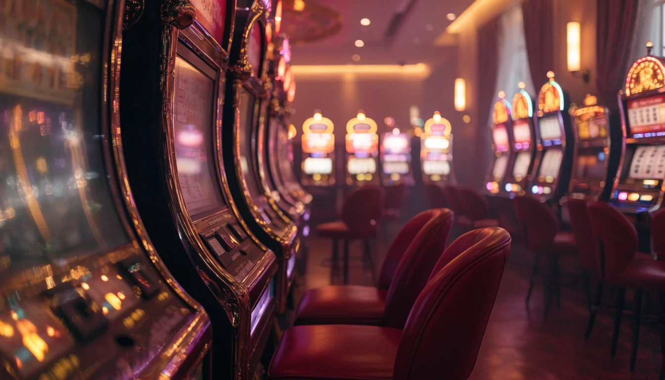 Classic British casino interior with vintage slot machines under warm golden lighting