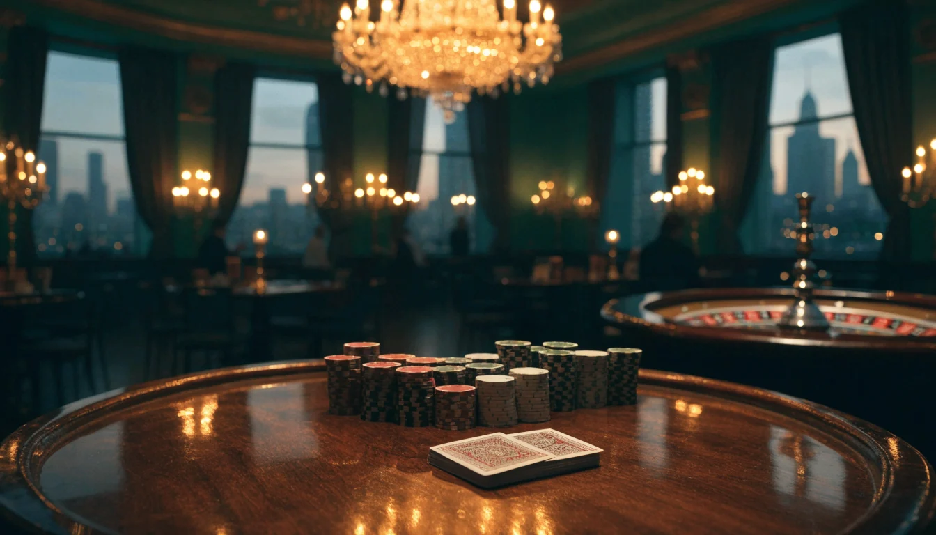 Elegant London casino lounge with chips, cards, and roulette wheel