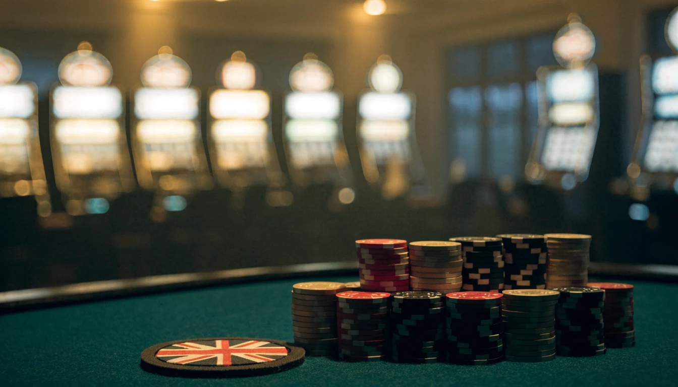 Casino chips on green felt in a warm British gaming lounge