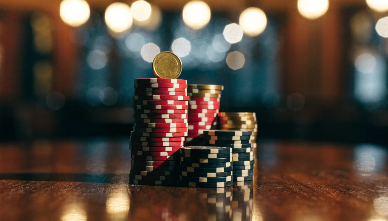 Stacked casino chips and a golden coin on a dark wood table in a British casino lounge