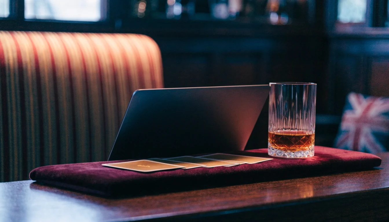 British lounge scene with cards and laptop suggesting online casino review