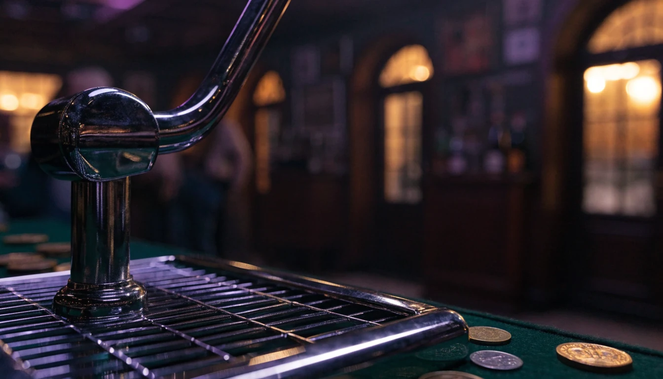 Close-up of a slot machine lever and coins in a UK gaming lounge with neon glow.