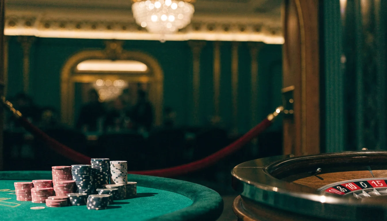 Elegant British casino interior with poker chips and roulette wheel