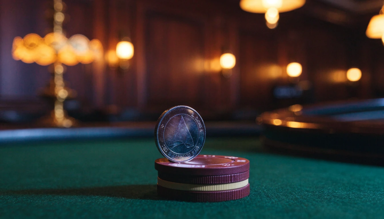 Cardano ADA coin on a green felt table beside British casino chips in a London club interior.