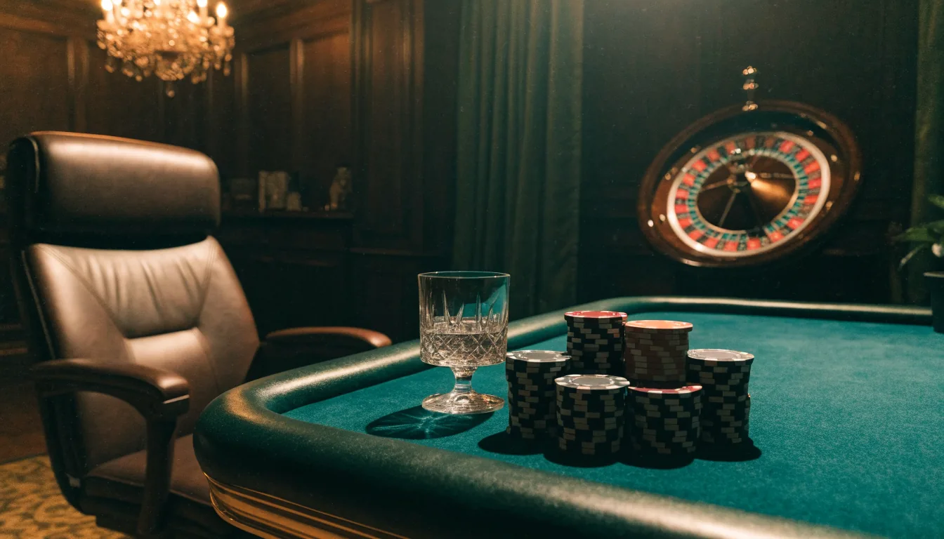 Elegant VIP casino lounge with premium chips and roulette table in London