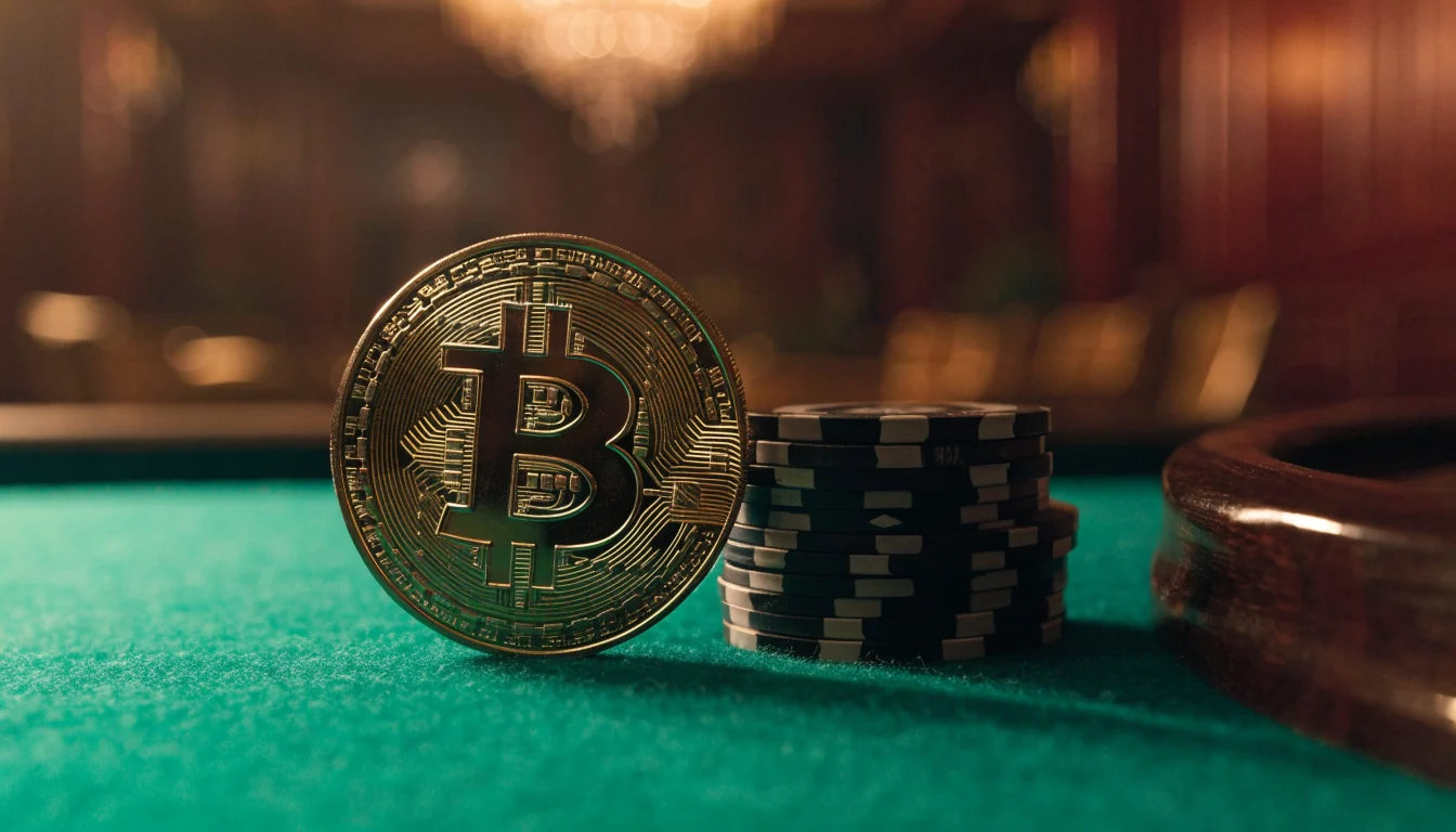 Gold Bitcoin coin on casino felt with chips and roulette