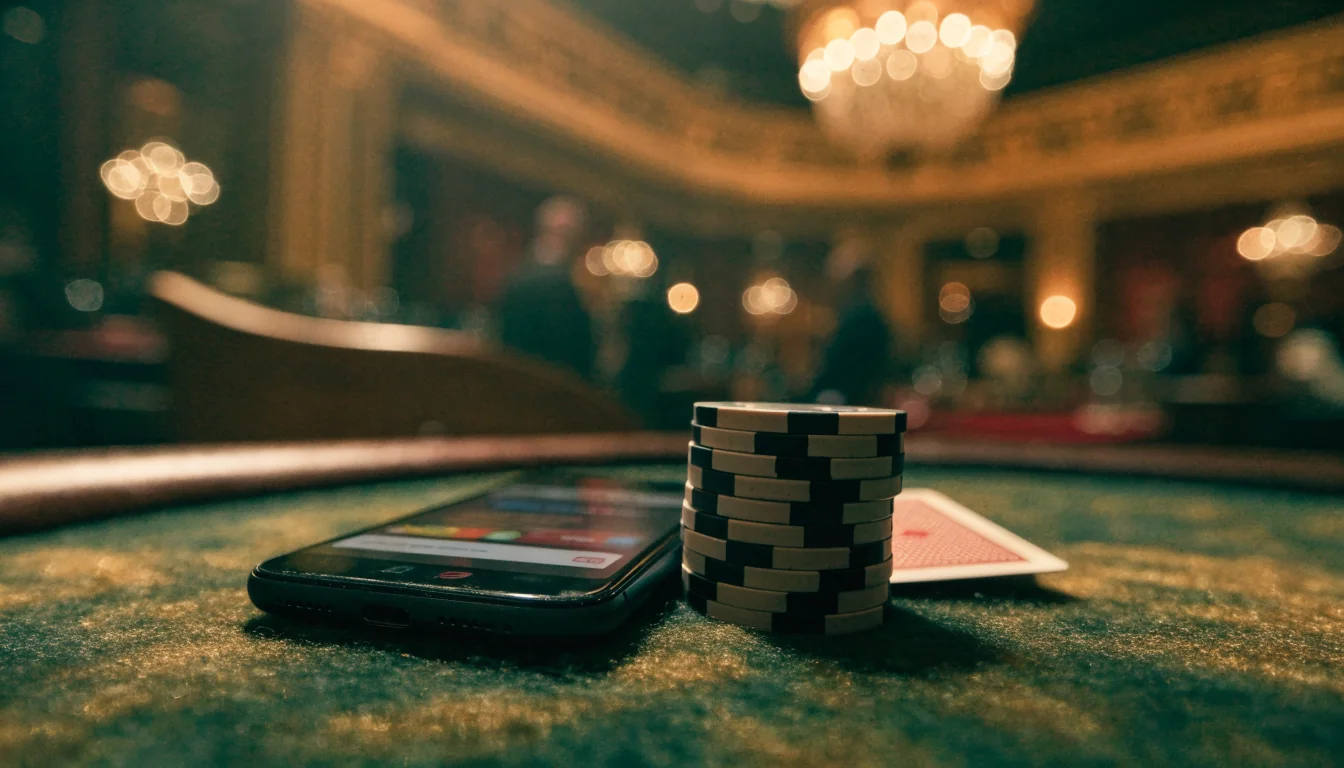 Smartphone with e-wallet app on a casino table with chips and a playing card
