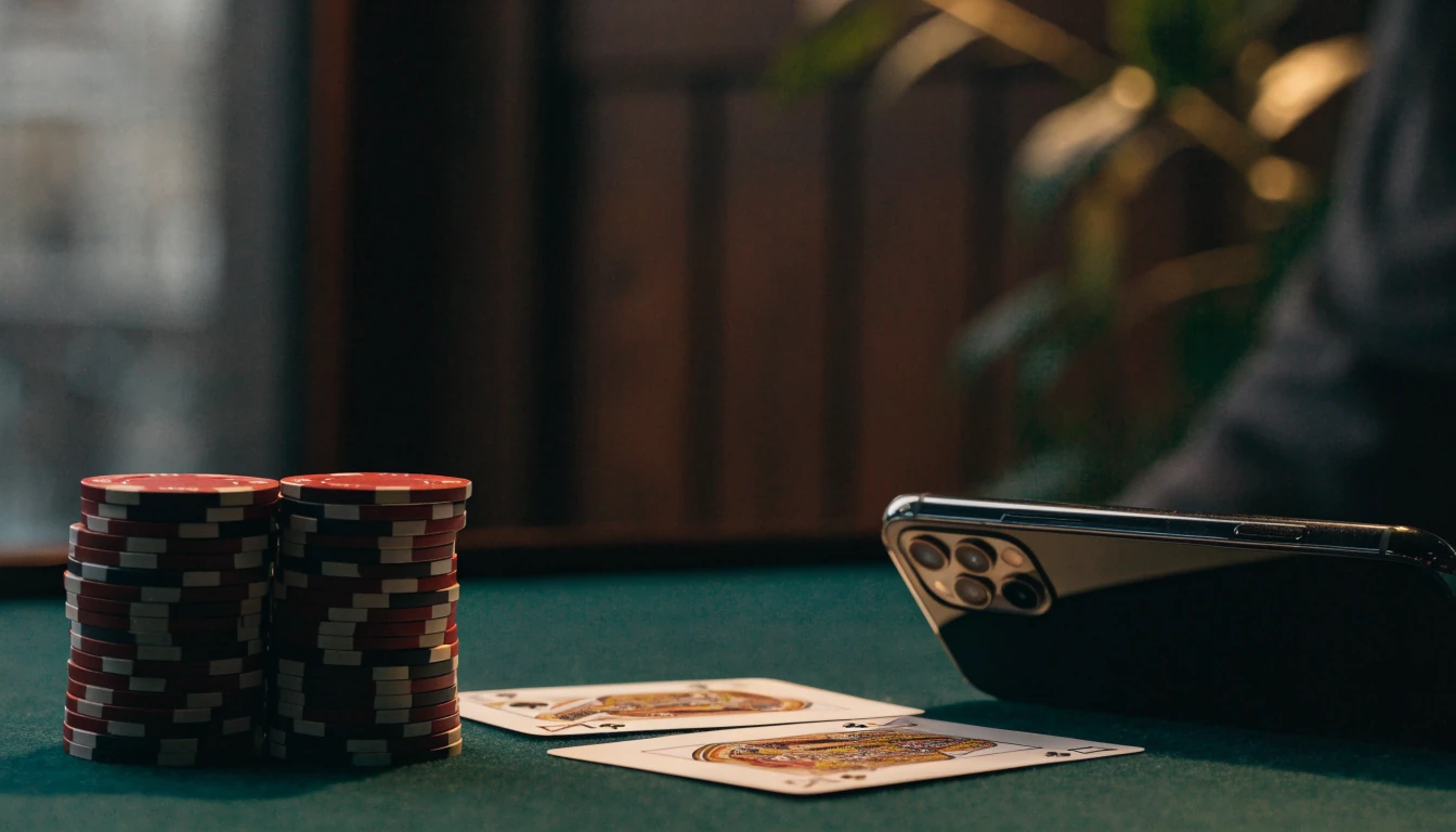 Casino chips, playing cards, and a phone on a green felt table in a moody lounge setting