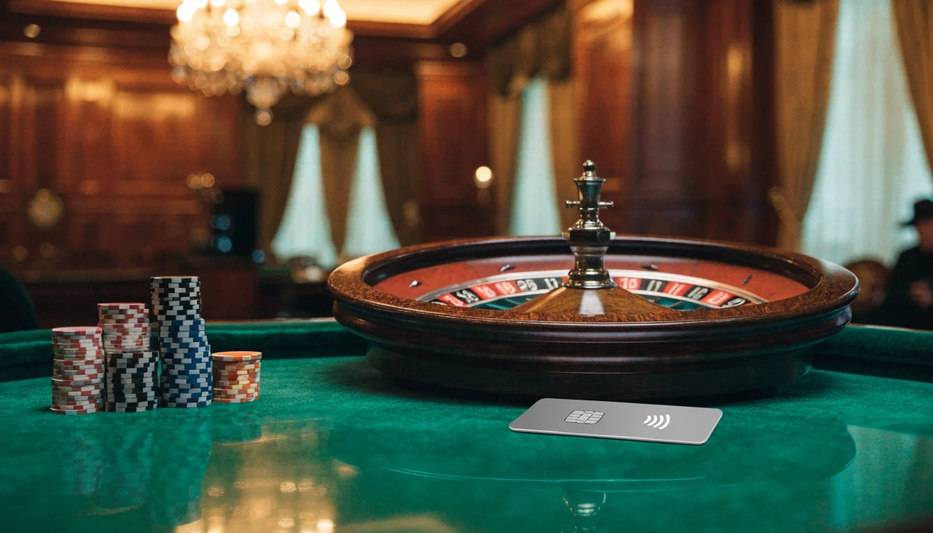 Elegant UK casino interior with roulette wheel, casino chips, and a generic contactless payment card on a green table