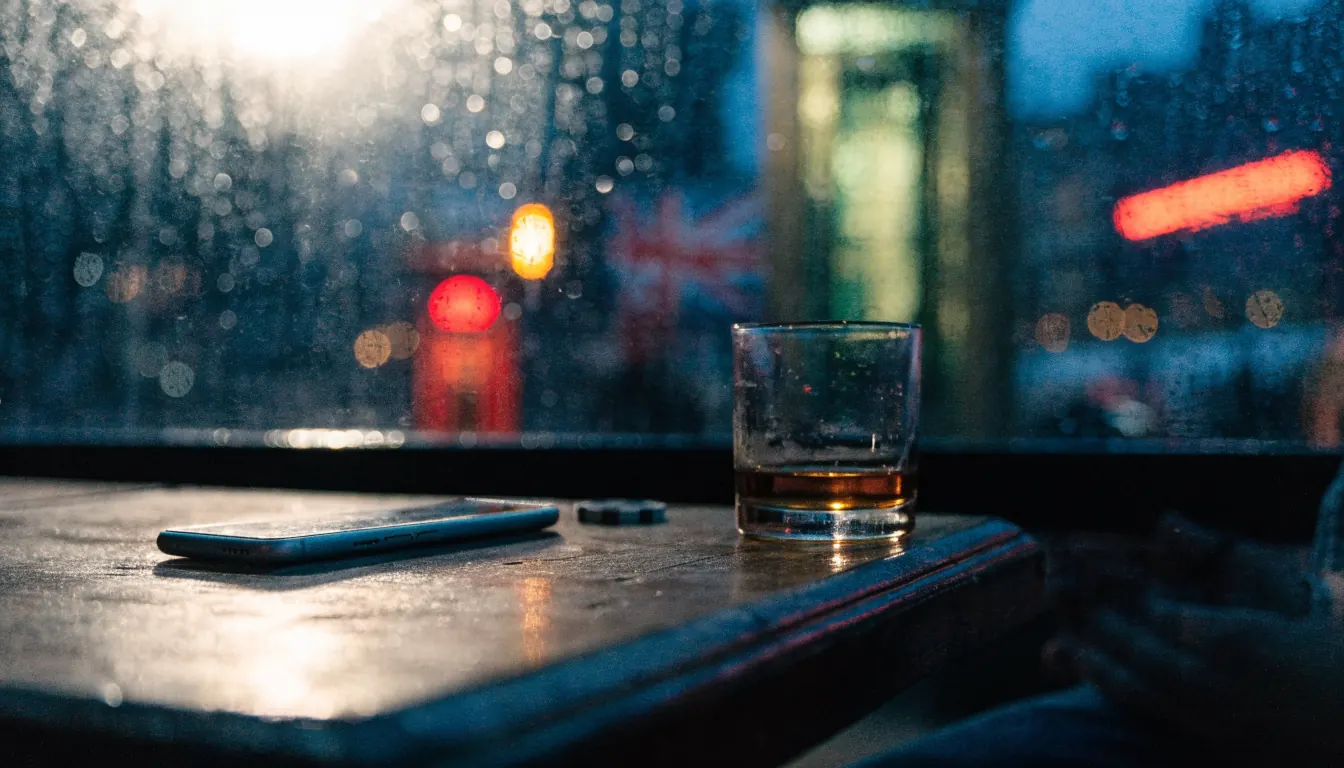 Smartphone face-down on pub table with chips and whisky, London night