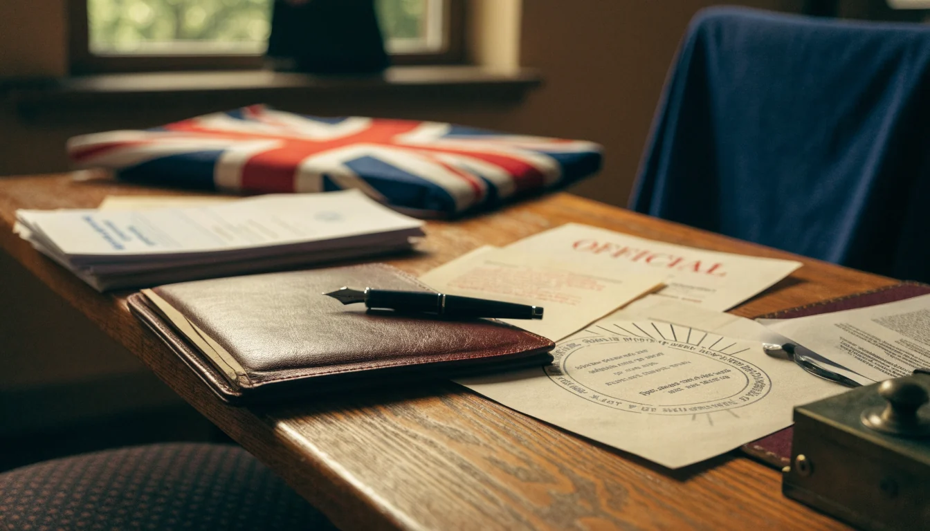 UK desk with official documents and a folded Union Jack flag.