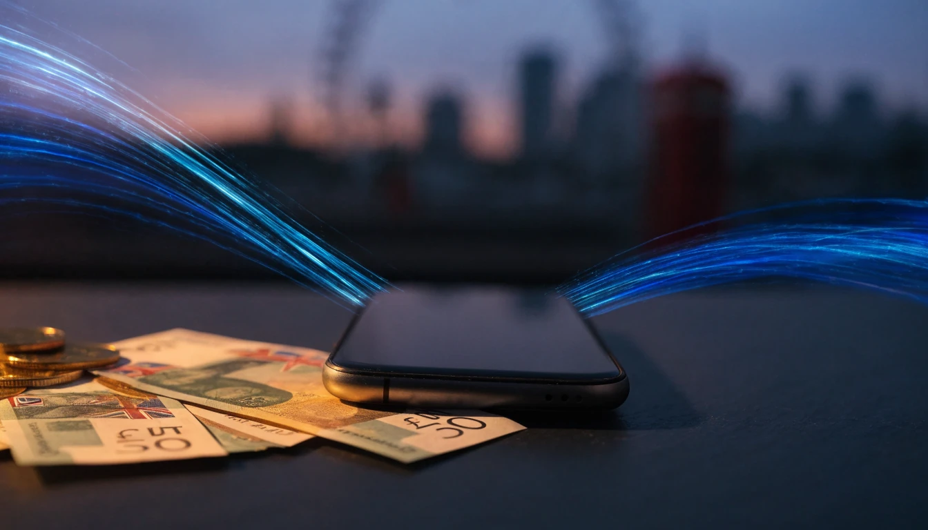 Smartphone with British pound notes and glowing speed trails against a blurred London skyline, representing fast casino withdrawals.