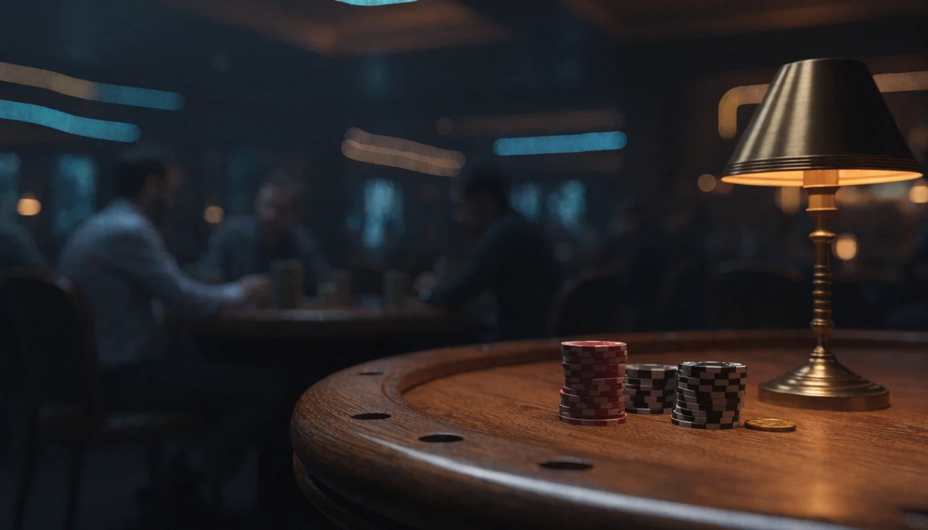 Stylized UK casino scene with chips, gold coin, and ambient neon lighting