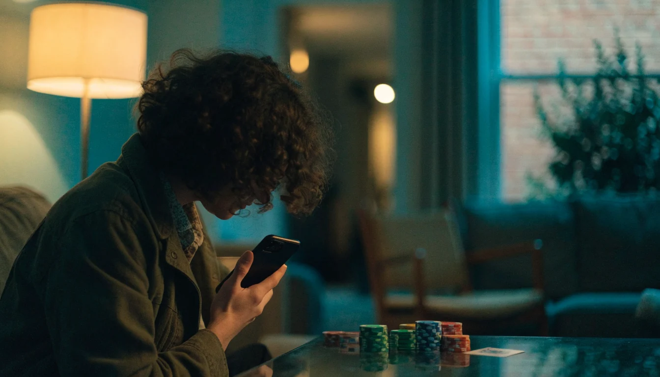 Person in UK home holding a phone near casino chips and a playing card.