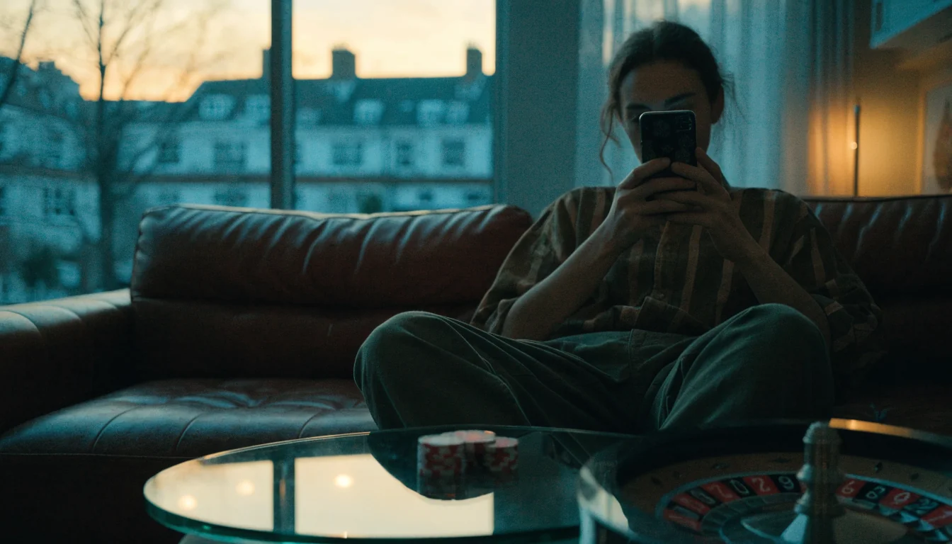 Person relaxing in London flat with phone and casino chips