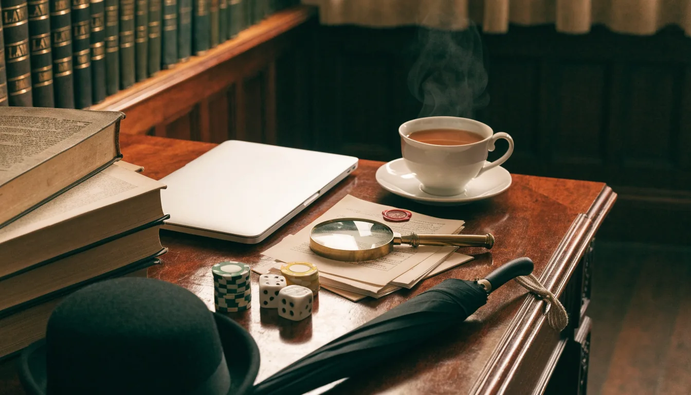 Mahogany desk with regulatory documents, casino chips, and closed laptop in British study