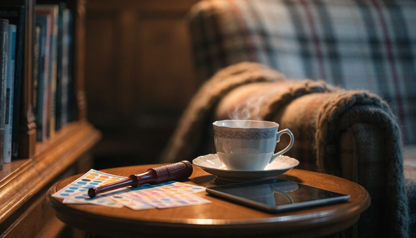 Cozy British lounge with bingo dauber, tickets, tea, and tablet on side table