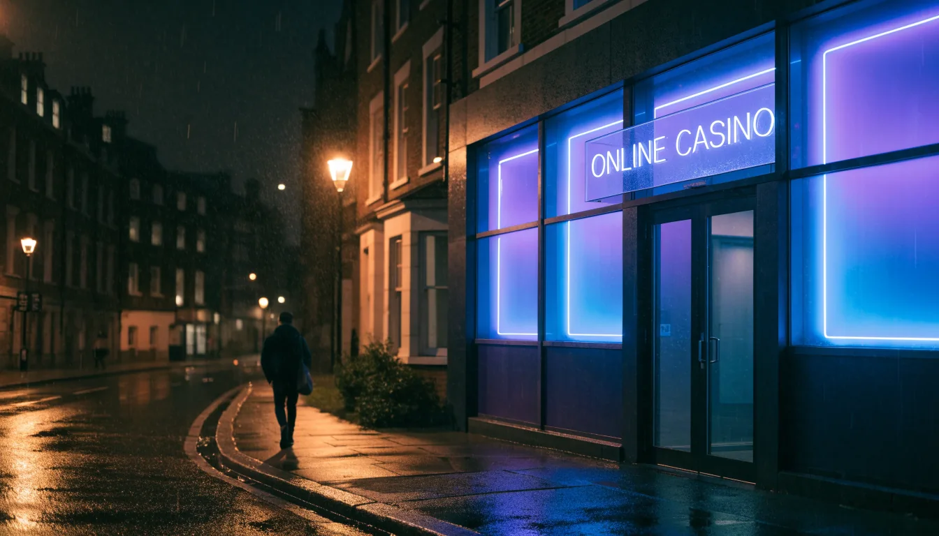 Solitary neon-lit casino building on a rainy London street corner