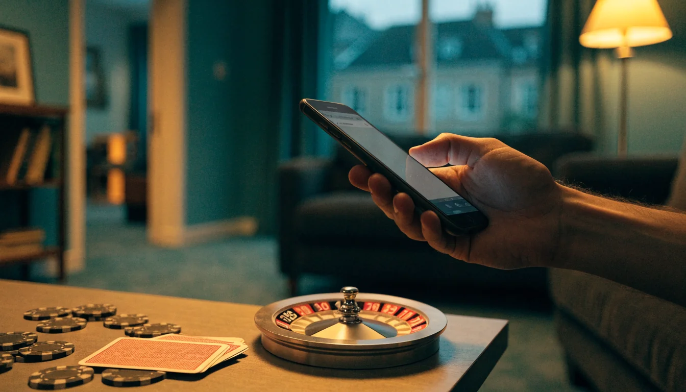 Hand holding smartphone near casino chips and cards in British living room