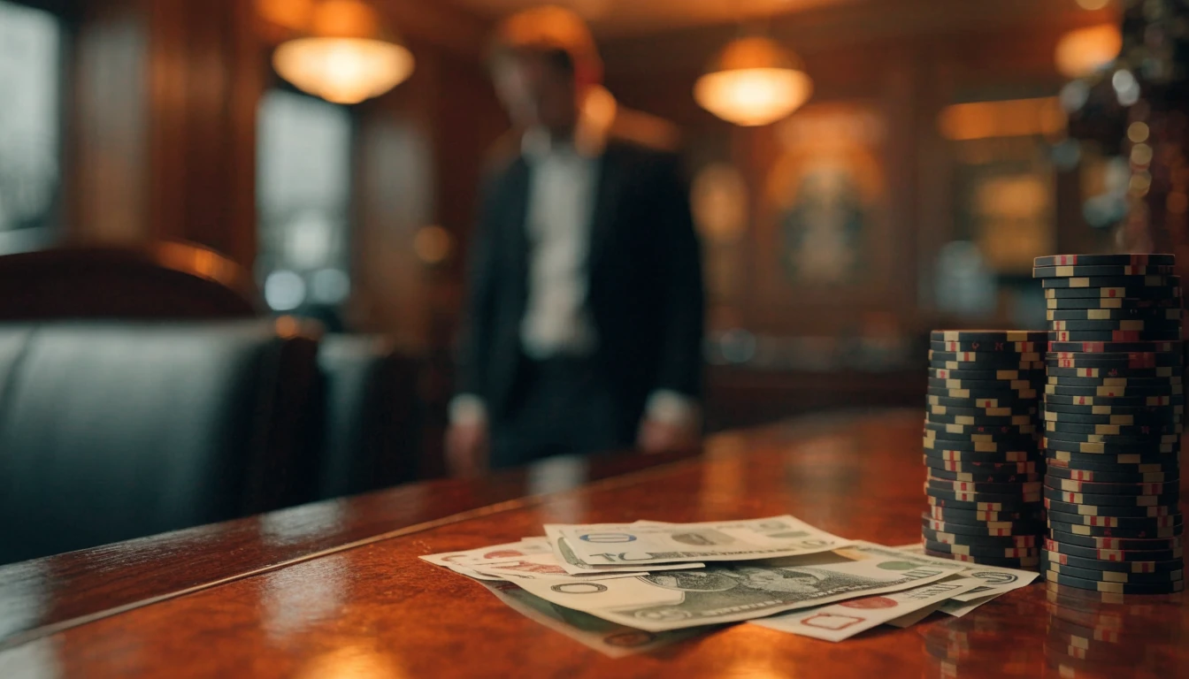 British pound banknotes and casino chips on a polished casino counter, payout moment
