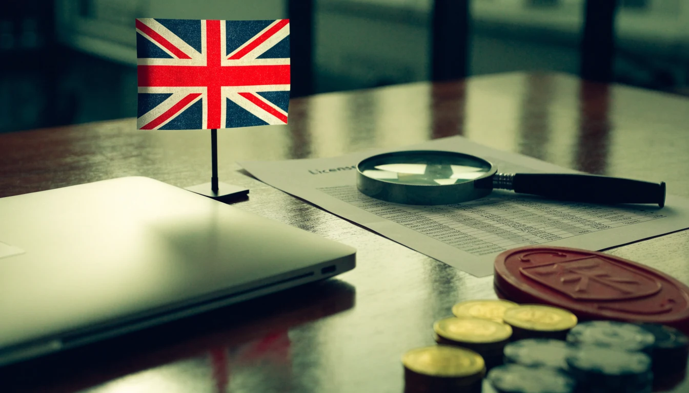 Closed laptop, UK flag, licence document and chips on desk symbolising regulated UK online casino